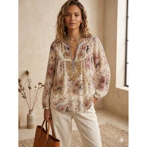 Sundance Beaded Floral Paisley Silk Tunic Blouse Cream Mauve Medium